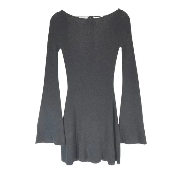 Meshki Zahra Open Back Mini Mesh Knit Dress Semi Sheer XS Black Bell Sleeve NWT - Picture 2 of 14